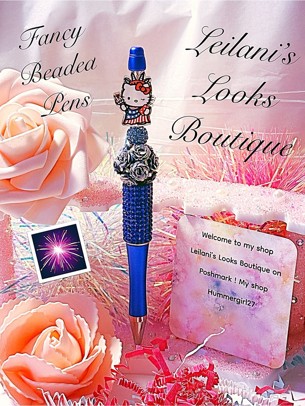 Hello Kitty Beaded Blue Glitter PenFancy beaded Pen/gifts
